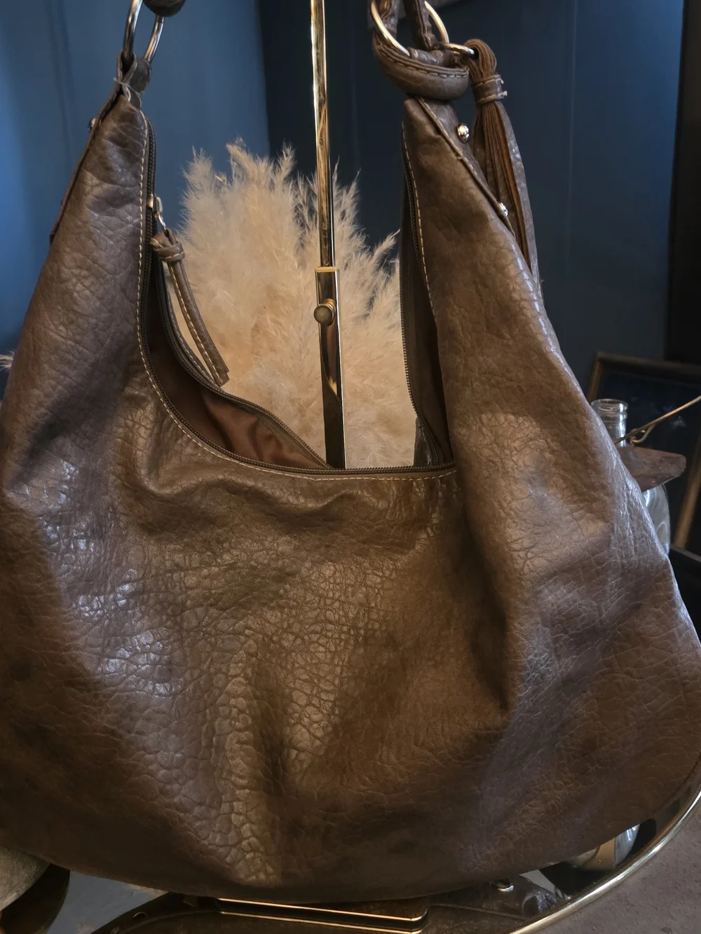 Y2K Brown Studded Grommet Fringe Hobo Bag Boho Rocker